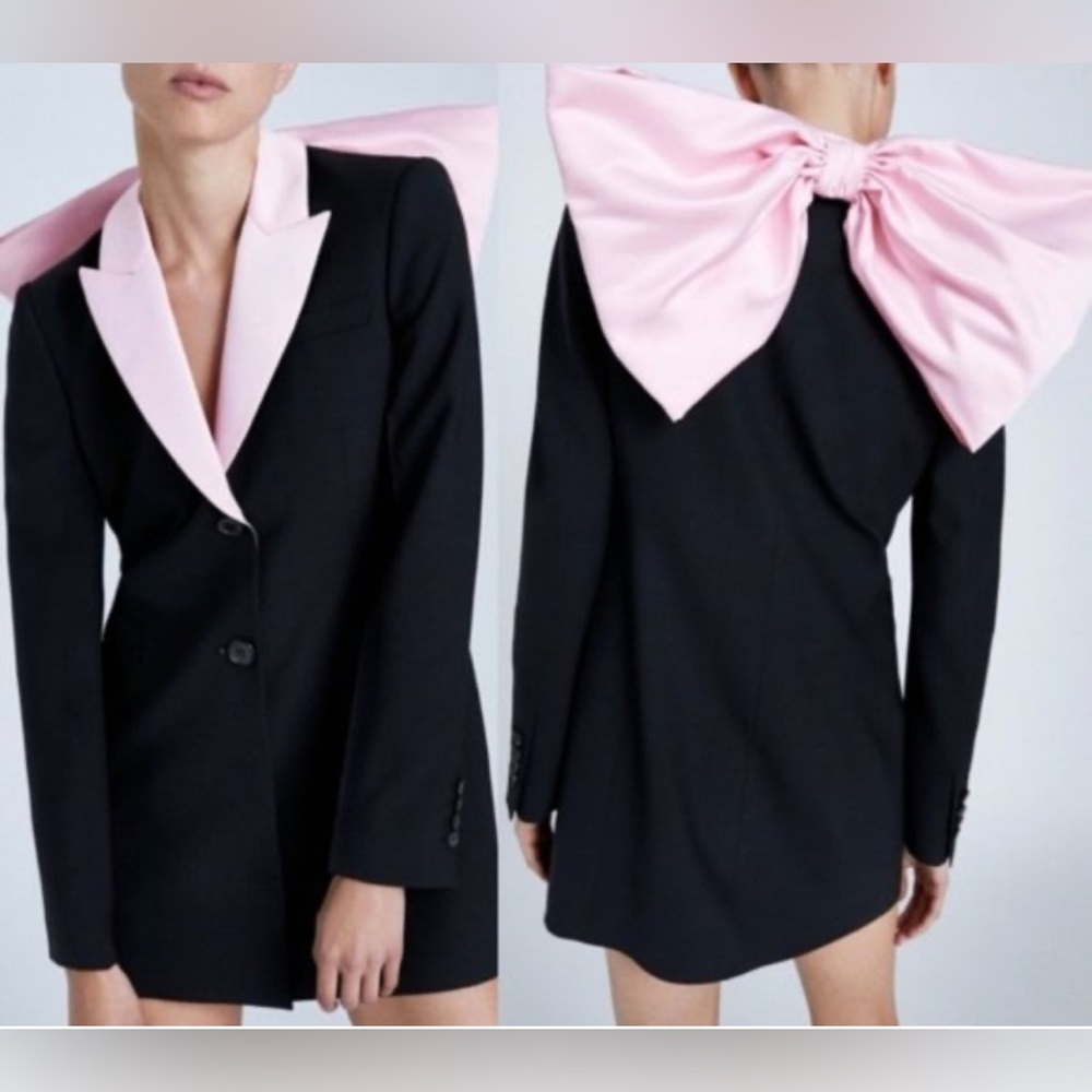 Zara Black Tailored Fit Blazer w/Pink Notched Lapels & Pink Bow Detail Size S